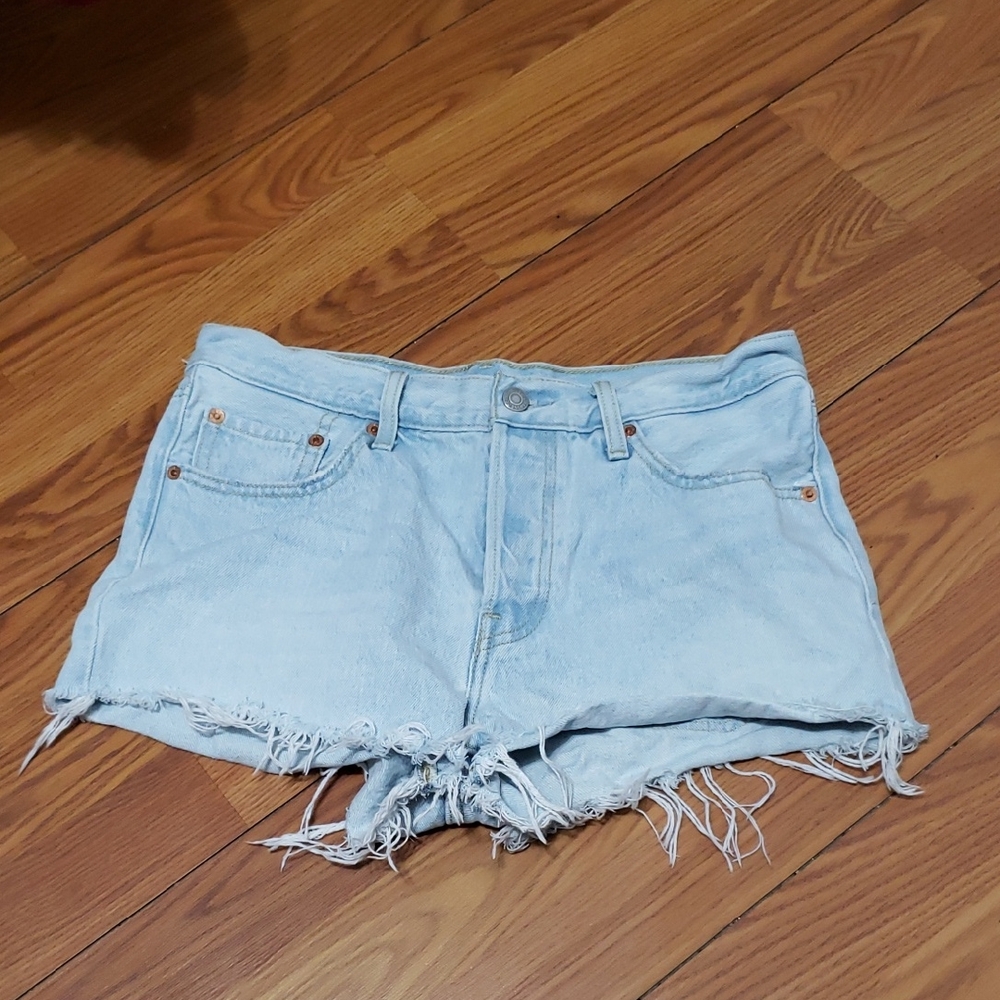 Levi's 501 High Waist Button Fly Light‎ Blue Jean Shorts with Frayed Hem